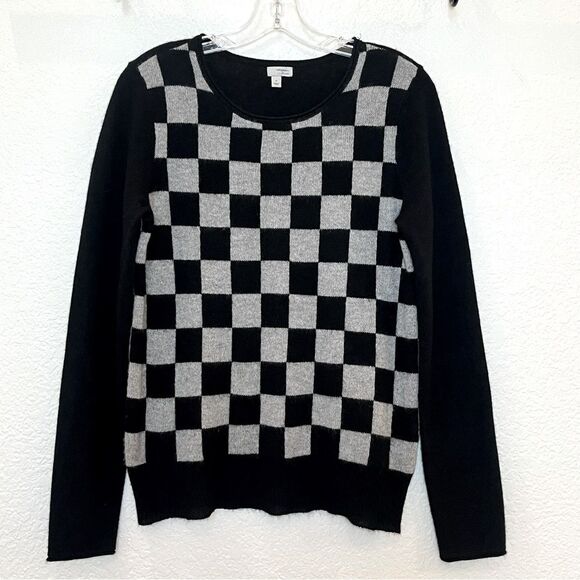Halogen 100% Cashmere Check Print Crewneck Sweater in Black/Grey size Medium - Picture 1 of 8